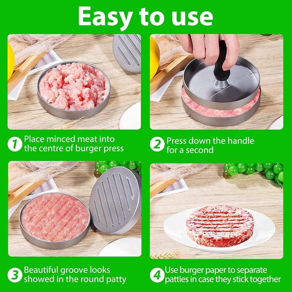 Non-stick aluminium hamburgerpresse med 100 ark kjøttpapir for