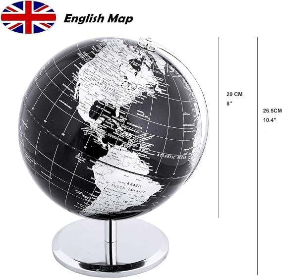 (Metallic Sort) 20cm Globe - Engelsk Kort - Student Globe - Med en