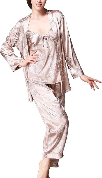 Langærmede Silke Pyjamas til Kvinder - Sexy Komfort Tredelt (Kamel-M)