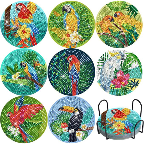 Sæt med 8 gør-det-selv diamantmalerier - Tropical Parrot, Coaster