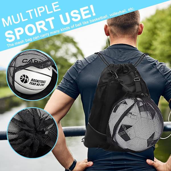 Svart basketballsekk med snøring for gutter og jenter, sammenleggbar fotball volleyball bag sportsbag m