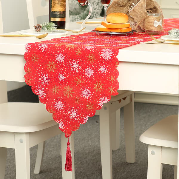 Julerød bordløper (rød) 35x180cm lin snøfnuggtrykk