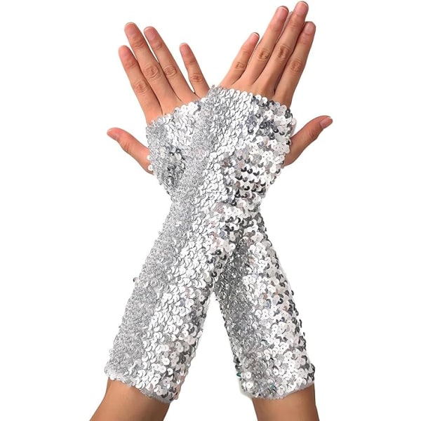 Glitter, fingerlösa långa handskar för kvinnor, silver, lämplig för kostnad