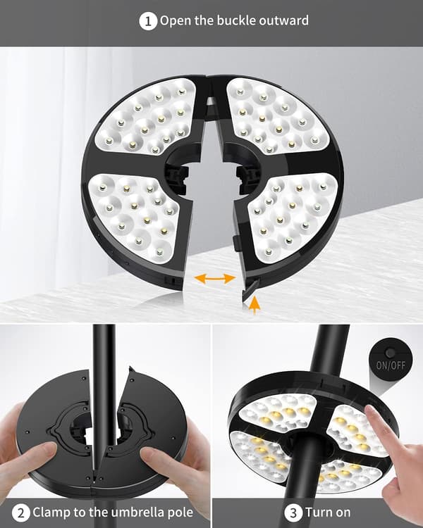 Parasolllys, 48 LED oppladbart parasolllys, med 3 lys