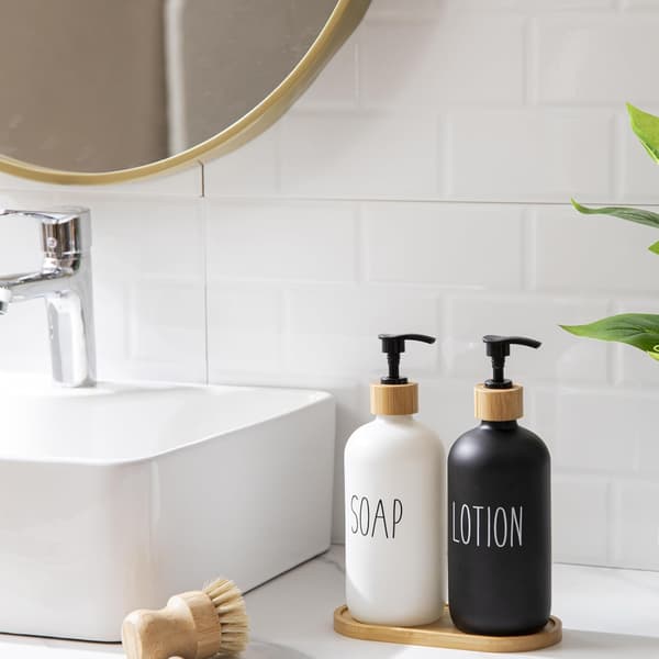 Sæbedispenser sæt med høj træbakke (Hvid SÆBE & Sort LOTION), Køkken Sæbedispenser sæt, Mat Hånd- og Opvaskesæbedispenser sæt