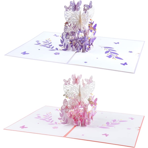 2 pakkaus 3D Pop Up -kortteja perhoskukilla (vaaleanpunainen, violetti), Gif
