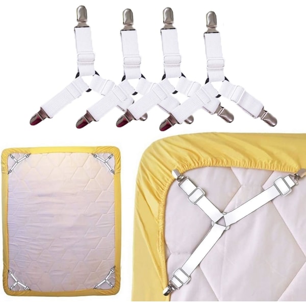 4-pack vita lakanhållare, 3-vägs justerbart lakanband