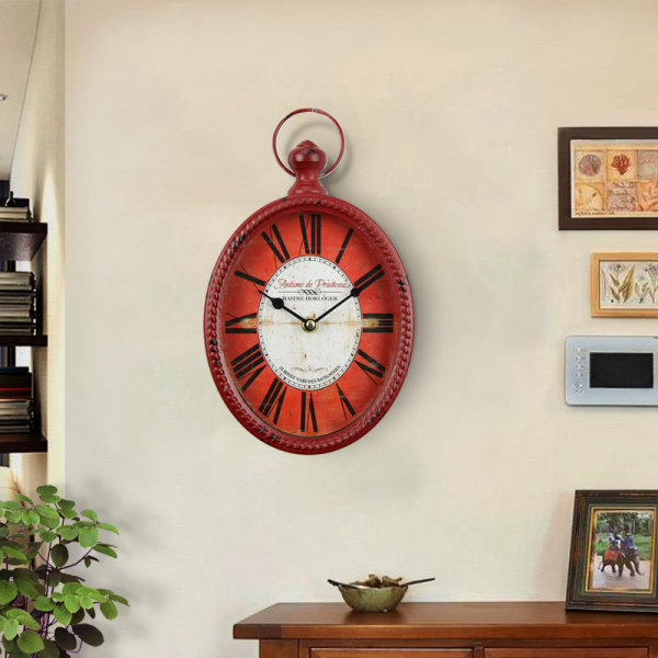 Red 12 Inch Wall Clock European Retro Design Oval-Shaped Old-Fash