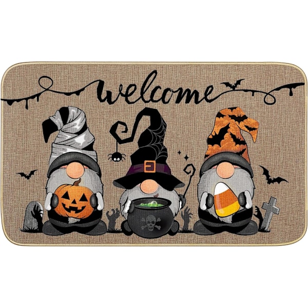 Halloween Gnome Dekorativ Dørmåtte (40*60cm), Skridsikker og Vaskbar Dørmåtte med Gummi Bagside Gnome Græskar Dørmåtte