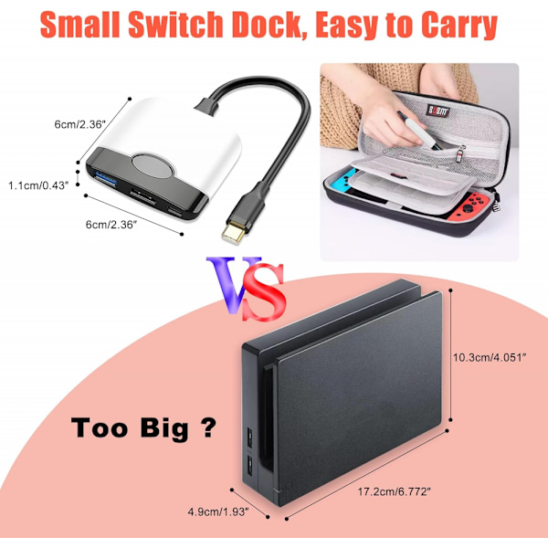Bærbar Switch Dock til Nintendo Switch HDMI Adapter (Sort og Hvid), Rejse Dock 3-I-1 Switch Docking Station Switch USB C til HDMI