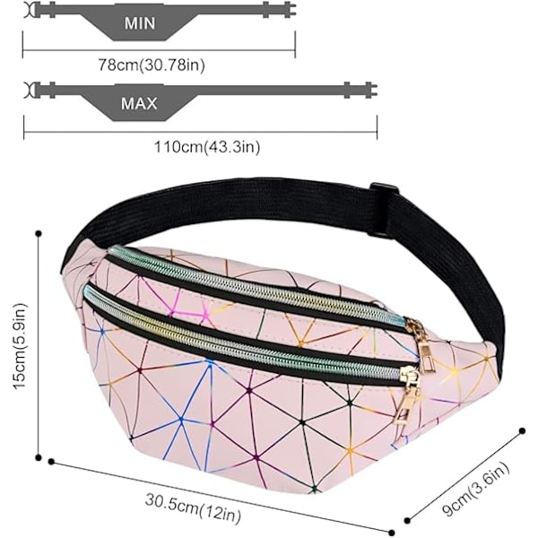 (Rosa) Unisex Holografisk Effekt Midjeväska, Multi-Fick Vattentät Mode PU Läder Midjeväska för Resor, Vandring, Camping, L