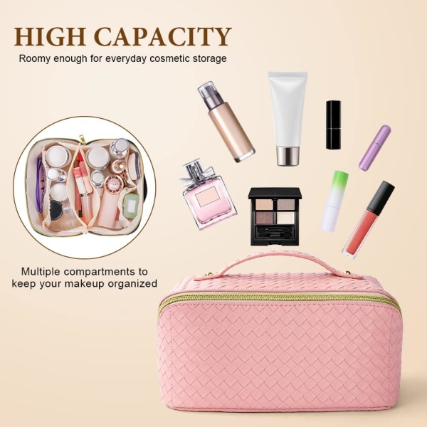 Kosmetikväska med stor kapacitet (rosa) för kvinnor, flickor, PU Lea