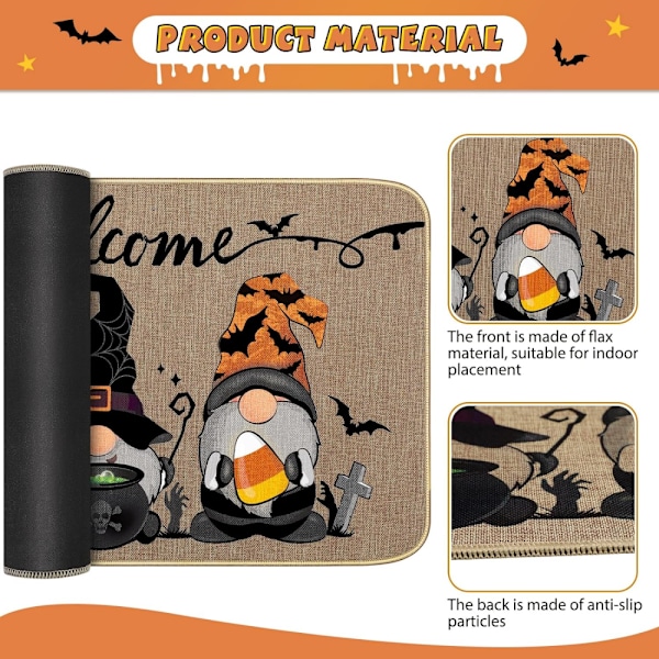 Halloween Tonttu Koristeellinen Ovimatto (40*60cm), Liukumaton ja Pestävä Ovimatto Kumipohjalla, Tonttu Kurpitsa Ovimatto
