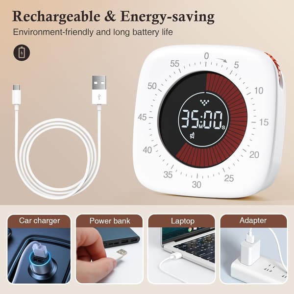 Genopladelig Visuel Timer (Hvid), Digital Timer med 4 Alarmtilstande