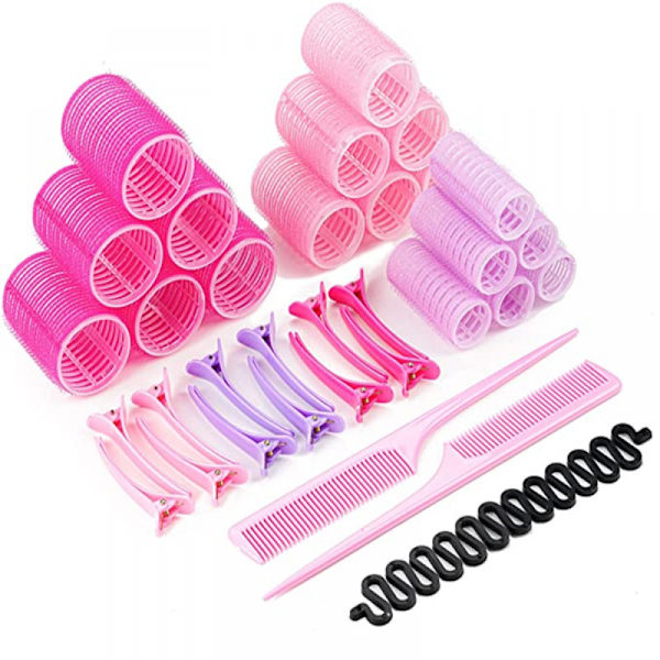 25-pack lockar, klämmor, kammar med avdelare, lockar rosett rosa hårstyling