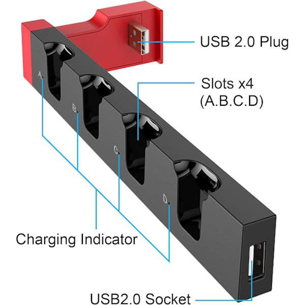 (Sort og Rød) Opladningsstation til Joycon Nintendo Switch & OLED - Oplader op til 4 controllere, kompatibel med Switch og Switch OLED-model
