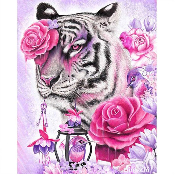 30x40cm 5D DIY Diamantmålning Set för Vuxna och Barn - Rosa Ros Tiger
