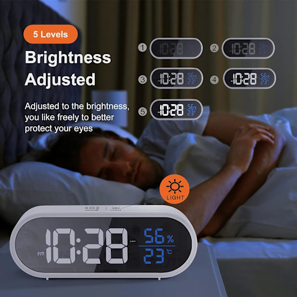 Digital väckarklocka med stor LED-display för luftfuktighet och temperatur, USB-laddning