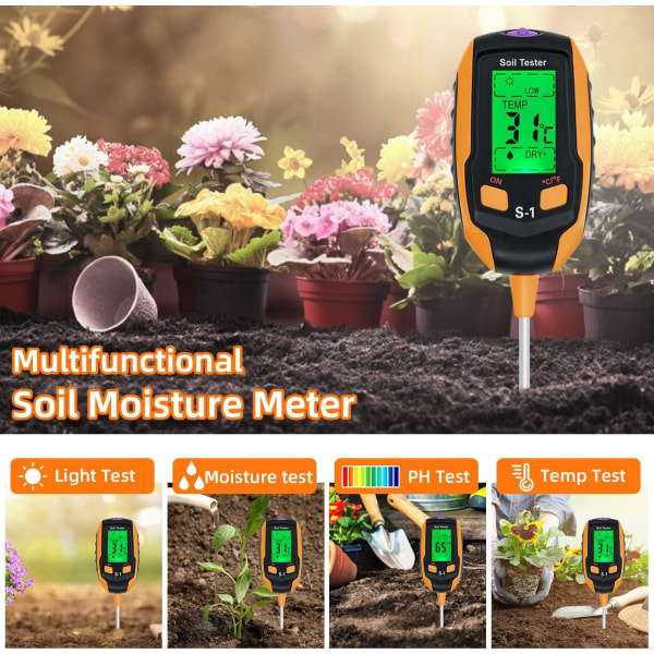 Jordmåler 4 i 1 Digital Jordfugtighedsmåler med PH/Temperatur