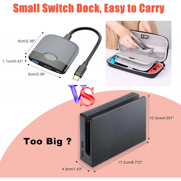 Bærbar Switch Dock til Nintendo Switch HDMI Adapter (Sort og Grå), Rejse Dock 3-I-1 Switch Docking Station Switch USB C til HDMI
