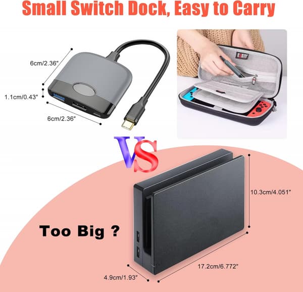 Portabel Switch-docka med HDMI-adapter (svart och grå), resedocka 3-i-1 Switch-dockningsstation Switch USB C till HDMI
