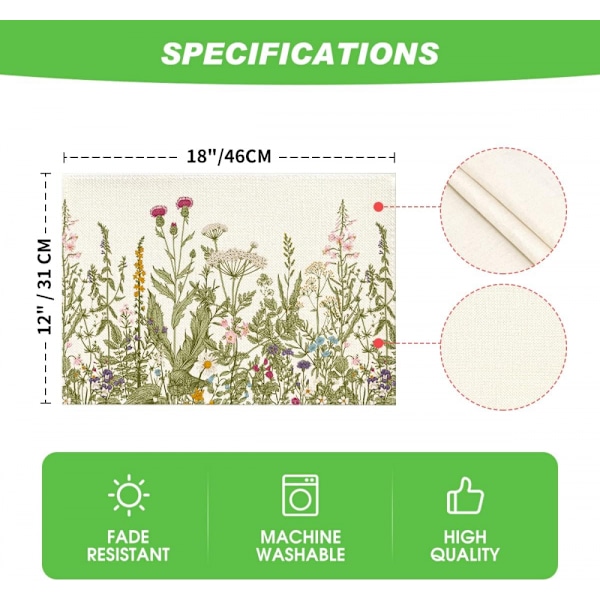 4 st antika örter och vilda blommor sommar placemats, 12x18 tum säsongsbetonade vildblomma vår bordsmattor