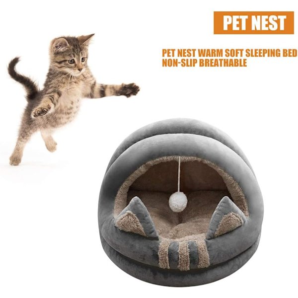 Katthus Design Kattohr Katthus med katt-hål pompom sammet