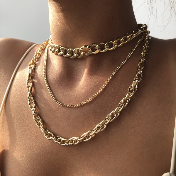 Lock Chain Halsband Set, Multilayer Alloy Punk Long Chain Persona
