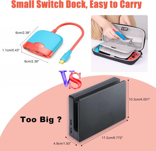 Bærbar Switch Dock for Nintendo Switch HDMI-adapter (Rød og Blå), Reise Dock 3-i-1 Switch Dockingstasjon Switch USB C til HDMI