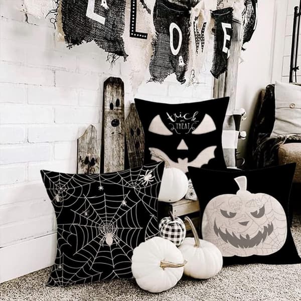 4 stk. 45*45 cm Sort Halloween Pudebetræk Græskar Grimasse Edderkoppespind Pudebetræk