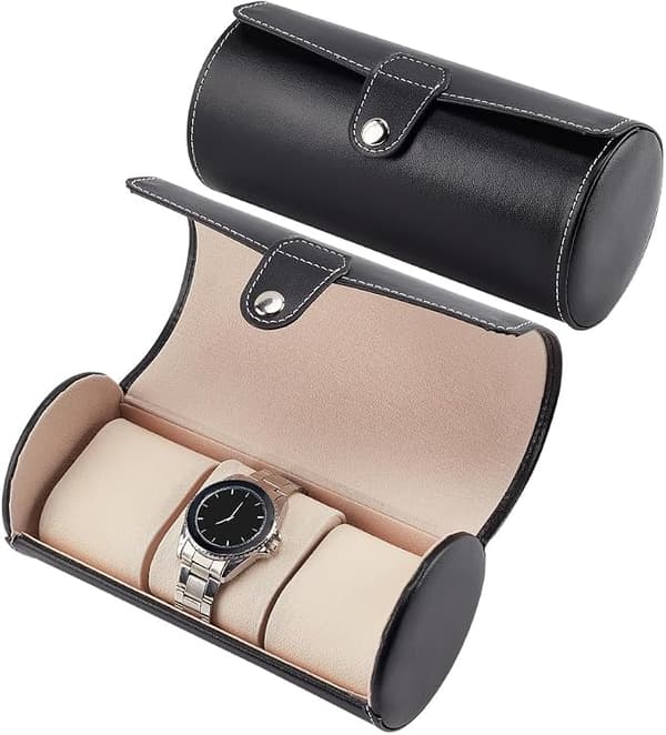 1 x PU-nahka Triple Cylinder -kellolaatikko - Musta, Sametti Push Wat