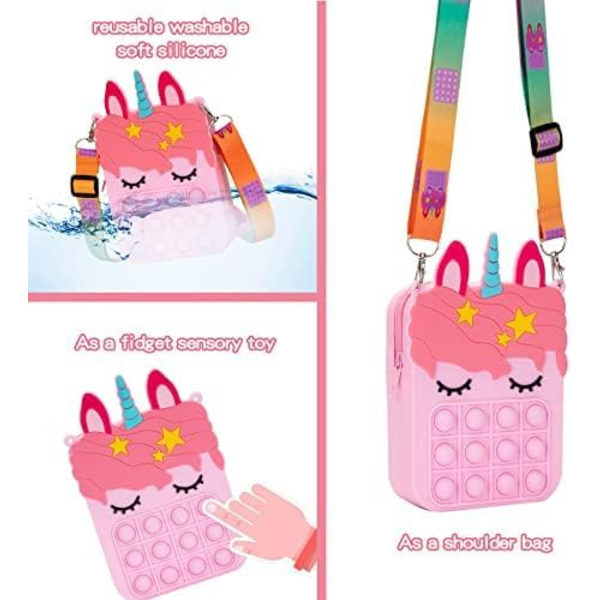 (Pink) Piger Enhjørning Pung, Børns Enhjørning Crossbody Taske Regnbue Sød Tryk Møntpung Vedhæng Mini Taske, Silikone Crossbody B