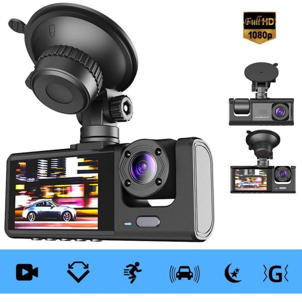 Bilkamera med tre objektiv Dashcam FHD 1080P DVR-inspelare Night Vision