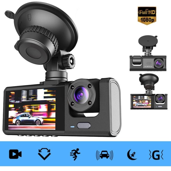 Kolmen objektiivin autokamera Dashcam FHD 1080P DVR-tallennin Night Vision