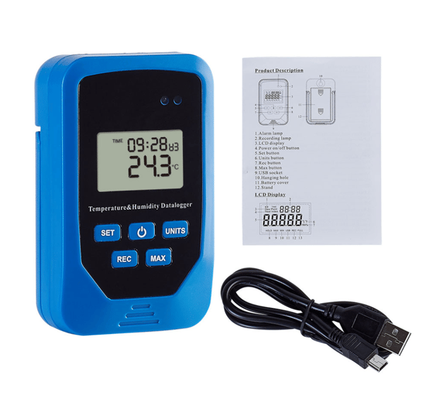 Blå elektronisk temperatur- og fuktighetsopptaker