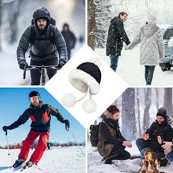 (Svart) Dam Peruvian Vinter Pom Pom Beanie Öronmuffar Sherpa Fleece Foder Snö Varm Skalle Mössa Jul