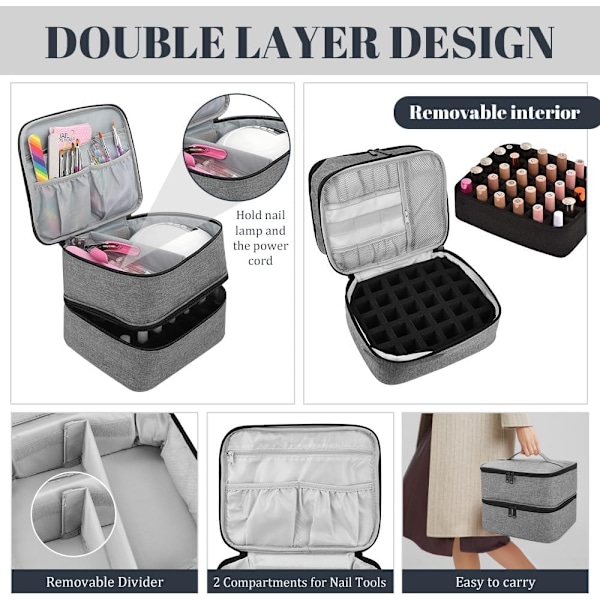 Neglelak Organizer Taske (Grå), Neglelak Opbevaring Rummer 30 Flasker (15 ml) Neglelampe Neglelak Bæretaske