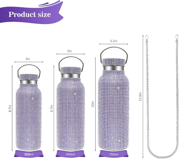 Lilla glitrende diamantvannflaske 750 ml med rhinstein, høy