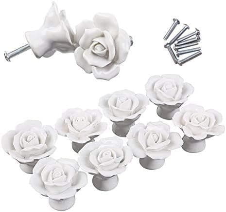 8 stk. Elegante Hvide Rose Knapper Blomster Keramik Møbel Knapper Skab