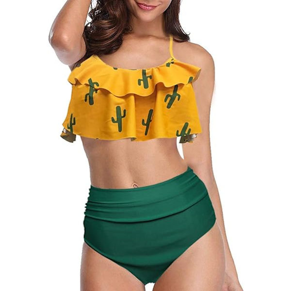 Dam Vintage Högmidjad Rynkad Baddräkt 2-delad Bikini (Gul