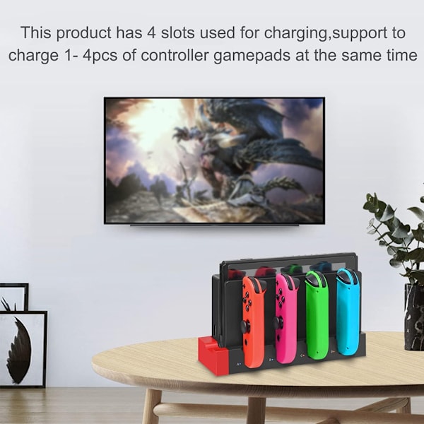 (Sort og Rød) Opladningsstation til Joycon Nintendo Switch & OLED - Oplader op til 4 controllere, kompatibel med Switch og Switch OLED-model