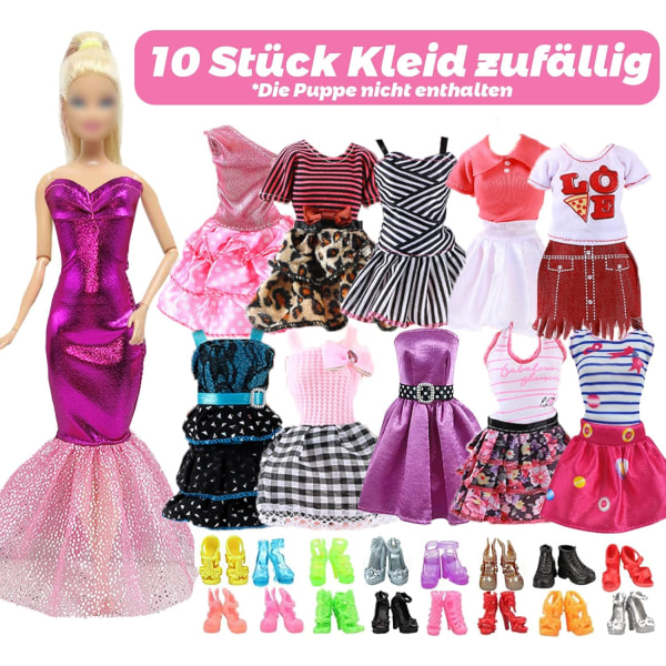49 stycken Barbiekläder, 11 kläder + 20 par skor + 18 slumpmässiga accessoarer