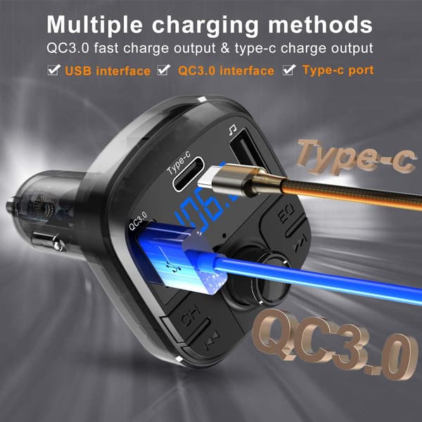 Bluetooth 5.0 FM-sender, håndfritt bilsett med QC3.0 USB-port