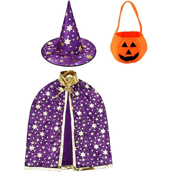 (Lila) 1 st trollkarl kappa häxkappa med hatt och pumpaväska, Halloween kostym rekvisita för barn rol