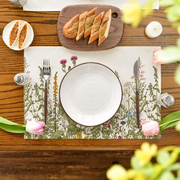 4 st antika örter och vilda blommor sommar placemats, 12x18 tum säsongsbetonade vildblomma vår bordsmattor