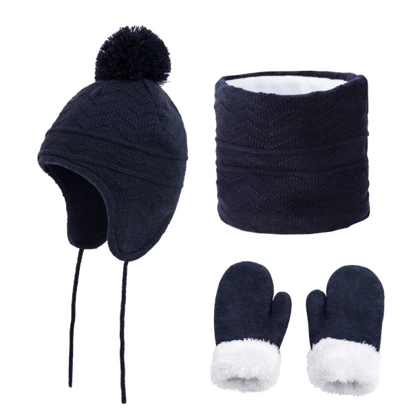 Børne tørklæde og handsker sæt - 3 stk Pom Pom vinterhatte (marineblå L