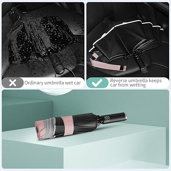 (Pink) 1 stk. omvendt rejseparaply, automatisk regntæt paraply, vindtæt kompakt paraply wi
