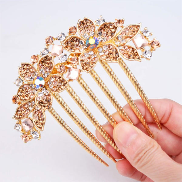 (Champagne) Rhinestone-inlagd blomkam hårkam hårnål accessoarer, sju-tandad kam, även en perfekt mors dag-present