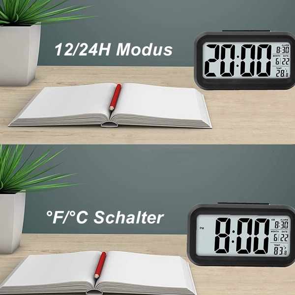Digital väckarklocka för sovrum, batteridriven, 12/24 timmars display