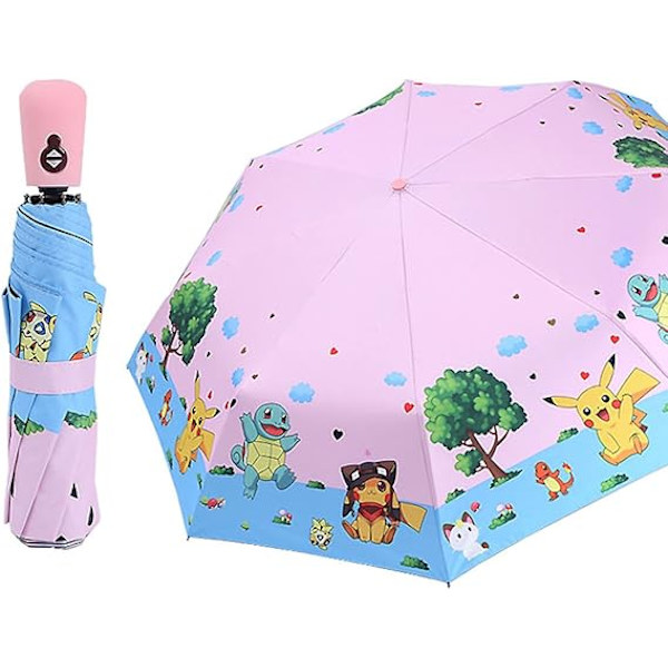 (Pink) 1 Pikachu Børne Paraply, Sammenfoldelig, Automatisk Åbning, Tegneserie, UV Beskyttelse, Rejseparaply